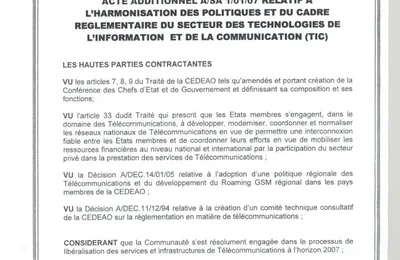AСТE ADDITIONNEL A/SA 1/01/07 RELATIF A L'HARMONISATION DES POLITIQUES ET DU CADRE REGLEMENTAIRE DU SECTEUR DES TECHNOLOGIES DE L'INFORMATION ET DE LA COMMUNICATION (TIC)