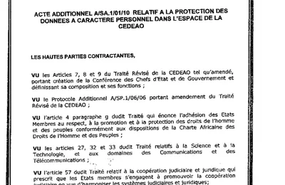 ACTE ADDITIONNEL A/SA.1/01/10 RELATIF A LA PROTECTION DES DONNEES A CARACTERE PERSONNEL DANS L'ESPACE DE LA CEDEAO