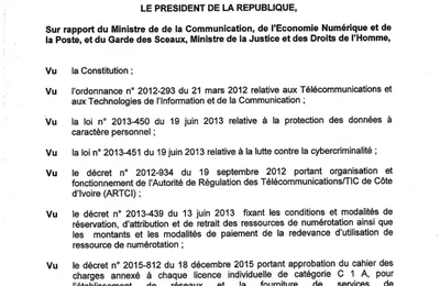 DECRET N°2017-193 DU 22 MARS 2017 PORTANT IDENTIFICATION DES ABONNES DES SERVICES DE TELECOMMUNICATIONS/TIC OUVERTS AU PUBLIC ET DES UTILISATEURS DES CYBERCAFES